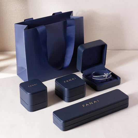 50 pcs FANAI【The Muse Collection】 Luxury Leatherette Jewelry Box - Elegant Dark Blue Ring Necklace Gift Case