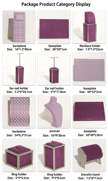 Regal Plum Velvet and Lavender Tweed Jewelry Window Display Prop Set | Luxury Scalloped Silver Lattice Countertop Necklace Bust Showcase Ensemble