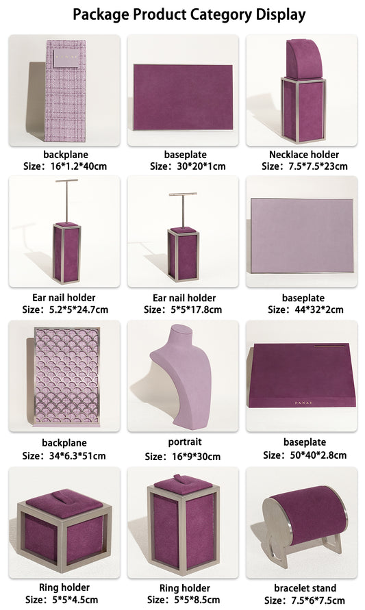 Regal Plum Velvet and Lavender Tweed Jewelry Window Display Prop Set | Luxury Scalloped Silver Lattice Countertop Necklace Bust Showcase Ensemble