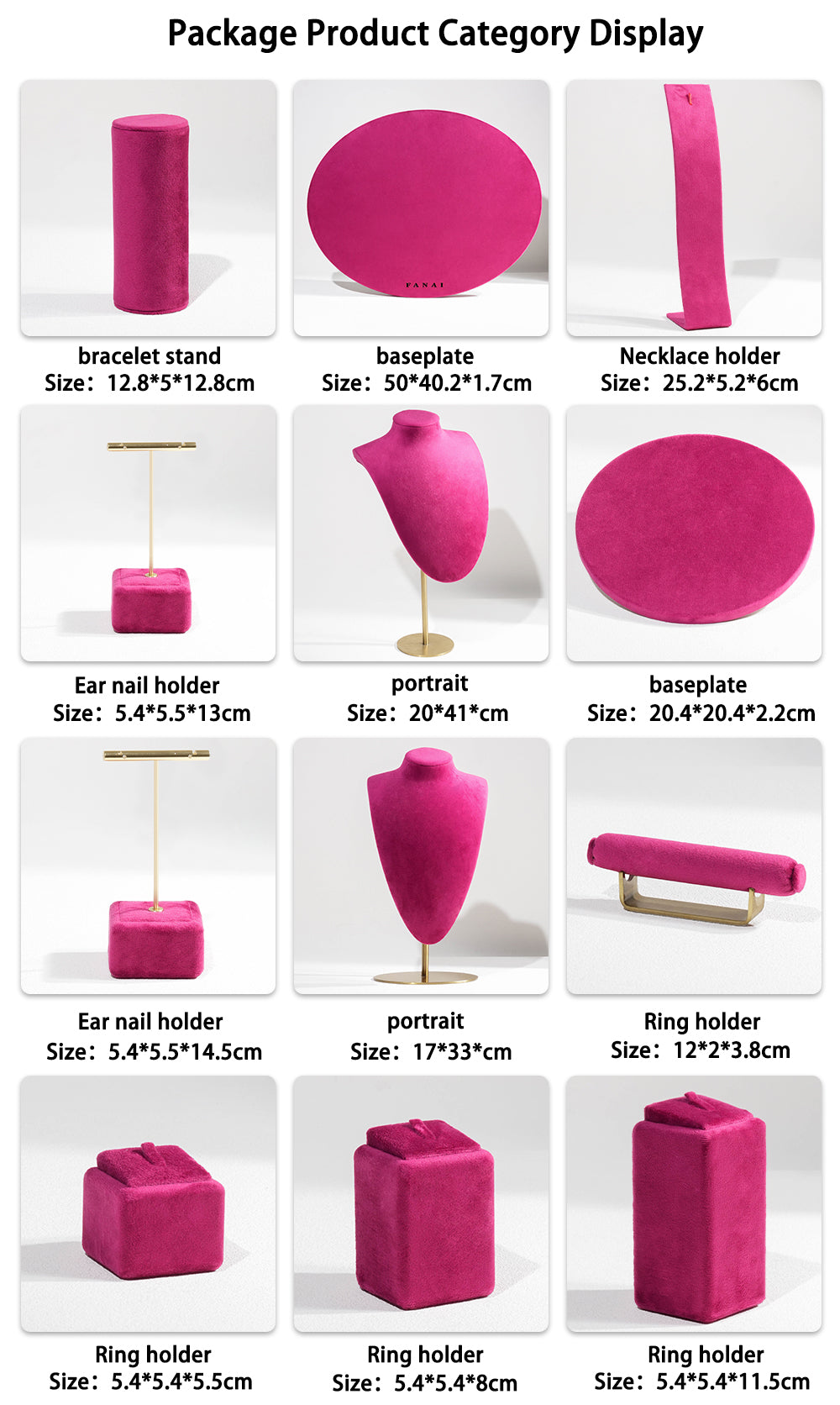 Vibrant Fuchsia Magenta Velvet Circular Jewelry Window Display Prop Set | Luxury Bold Countertop Necklace Bust and Ring Pillar Showcase Ensemble