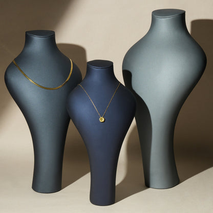 Modern Matte Leatherette Trio Necklace Bust Display Set | Luxury Mineral Grey and Twilight Blue Countertop Pendant Mannequin Stand