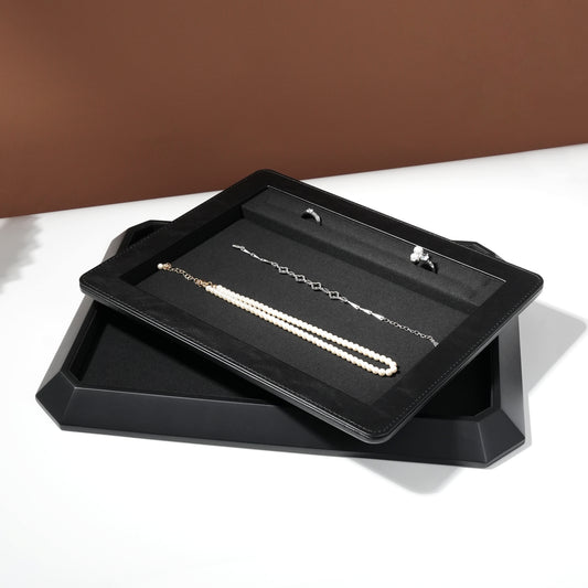 10 pcs FANAI Sculptural Obsidian Matte Dual-Tier Jewelry Presentation Tray | Premium Beveled Edge Countertop Inset Slotted Ring and Pearl Necklace Platter