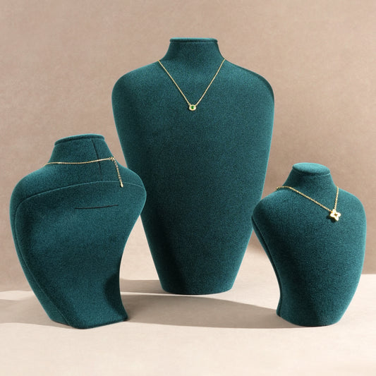 Luxury Peacock Emerald Velvet 3-Piece Necklace Display Bust Set | Premium Moss Green Countertop Pendant Jewelry Mannequin Stand Ensemble