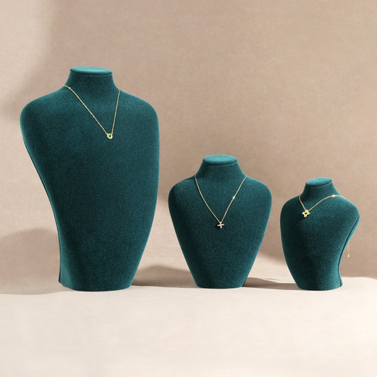 Luxury Peacock Emerald Velvet 3-Piece Necklace Display Bust Set | Premium Moss Green Countertop Pendant Jewelry Mannequin Stand Ensemble