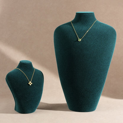 Luxury Peacock Emerald Velvet 3-Piece Necklace Display Bust Set | Premium Moss Green Countertop Pendant Jewelry Mannequin Stand Ensemble
