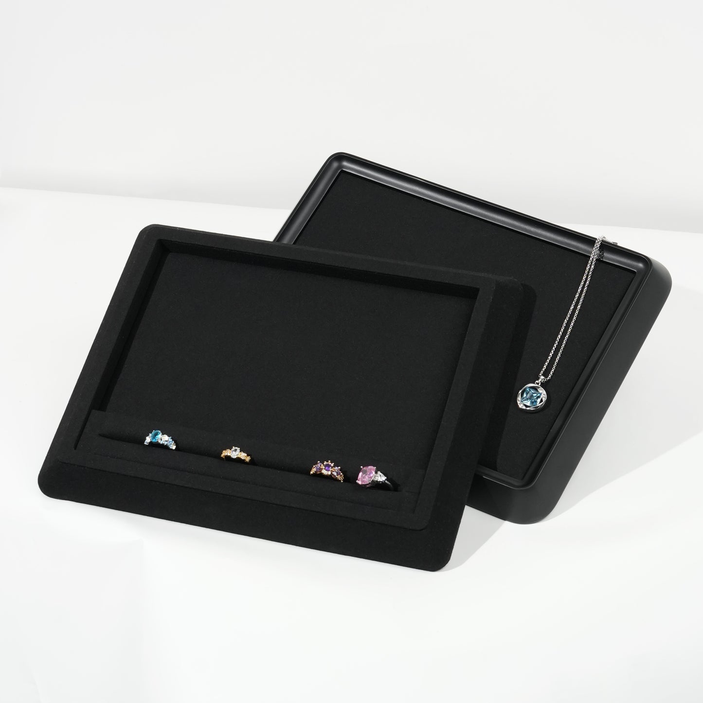 10 pcs FANAI Sculptural Matte Black Beveled Edge Jewelry Presentation Tray | Luxury Modernist Inset Charcoal Velvet Bracelet Platter