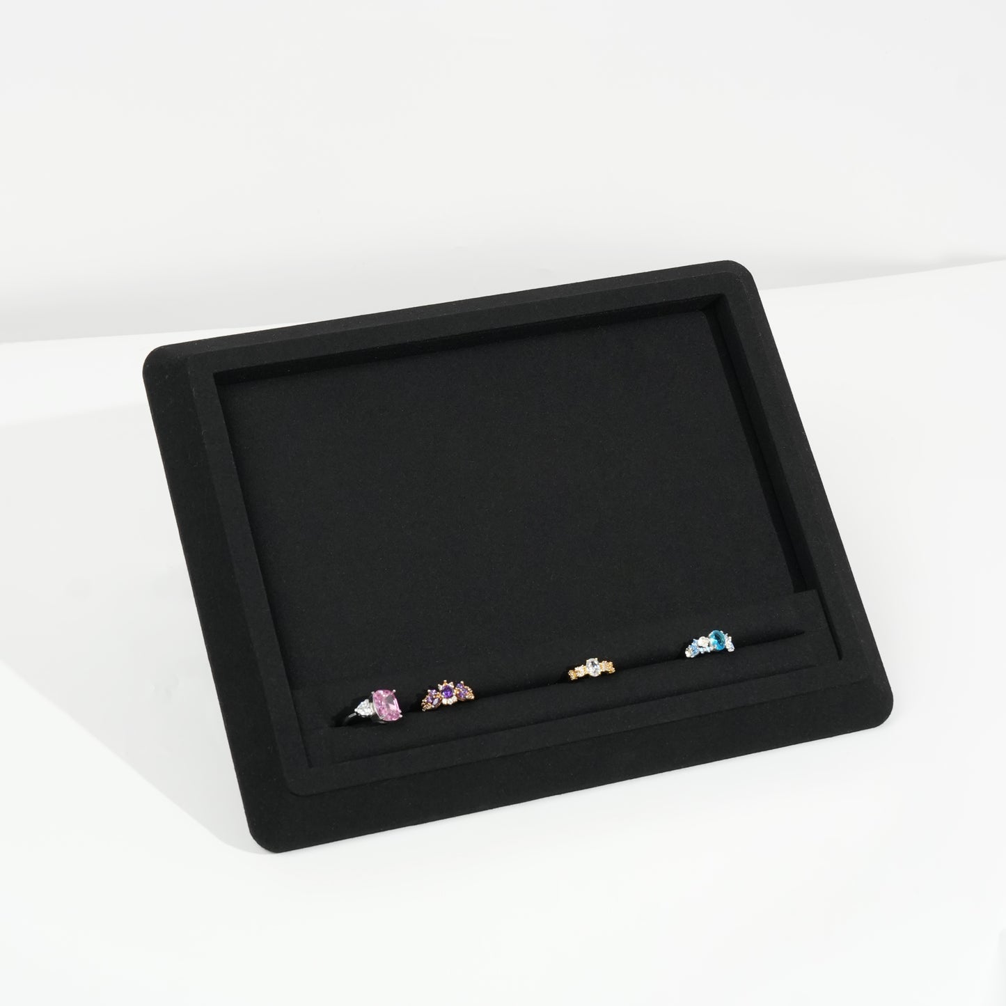 10 pcs FANAI Sculptural Matte Black Beveled Edge Jewelry Presentation Tray | Luxury Modernist Inset Charcoal Velvet Bracelet Platter