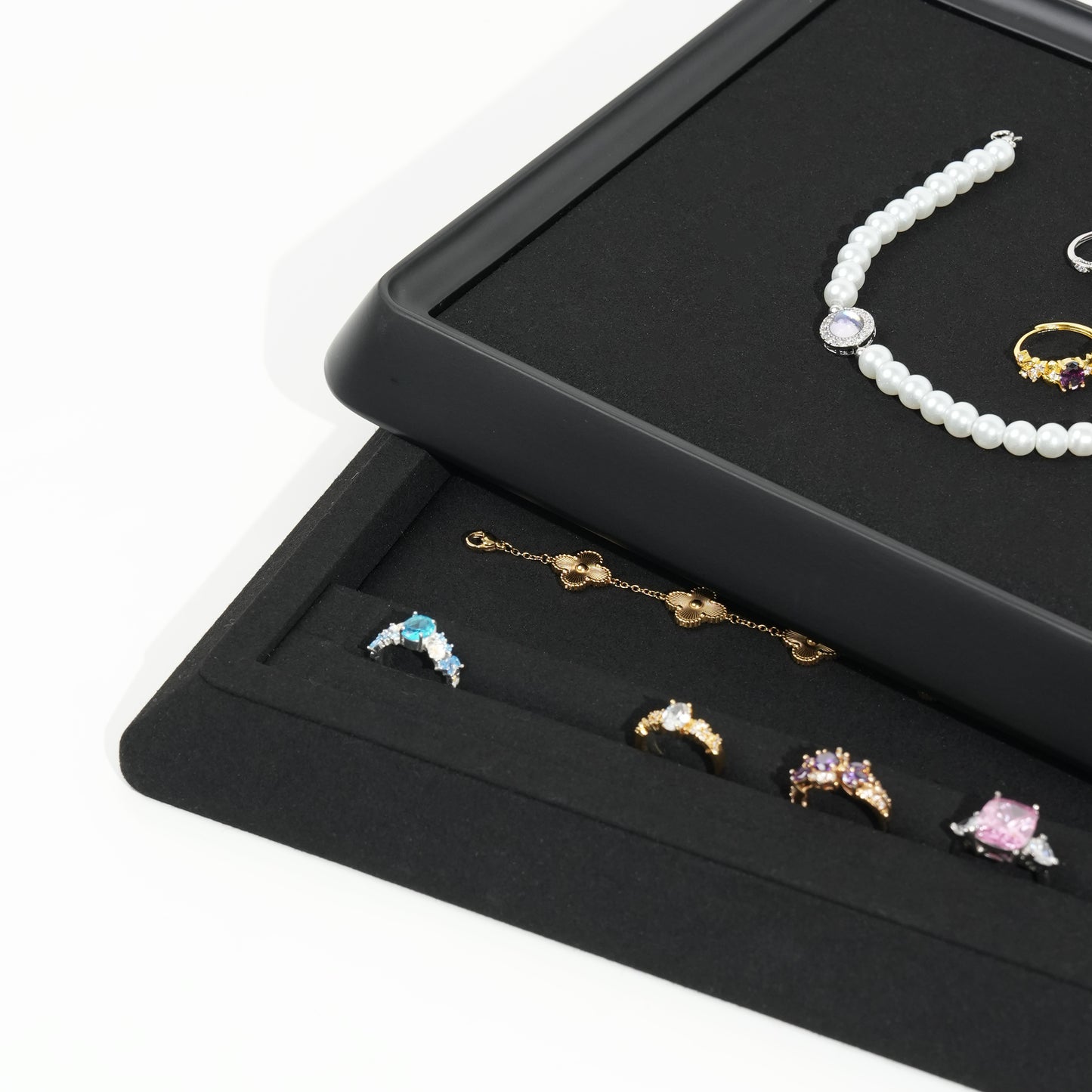 10 pcs FANAI Sculptural Matte Black Beveled Edge Jewelry Presentation Tray | Luxury Modernist Inset Charcoal Velvet Bracelet Platter