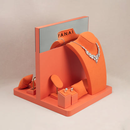 Luxury Coral Terracotta Velvet Window Jewelry Display Prop Set | Boutique Countertop Mirrored Necklace Bust and Ring Showcase Ensemble