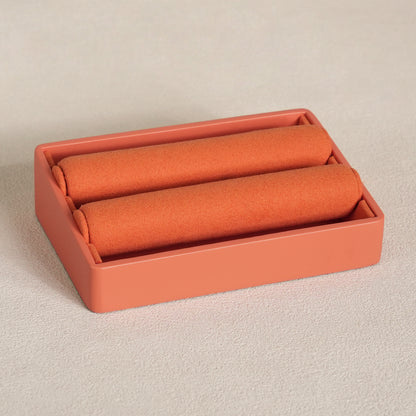 Luxury Coral Terracotta Velvet Window Jewelry Display Prop Set | Boutique Countertop Mirrored Necklace Bust and Ring Showcase Ensemble