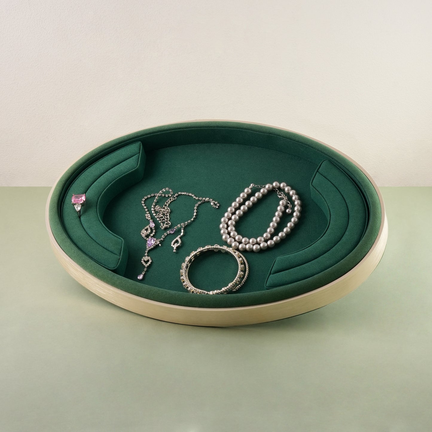 10 pcs FANAI Emerald Velvet Oval Wooden-Rim Large Jewelry Display Tray | Luxury Jade Micro-Velvet Countertop Bracelet Necklace Platter