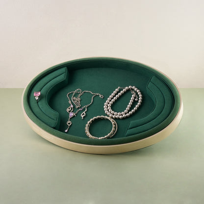 10 pcs FANAI Emerald Velvet Oval Wooden-Rim Large Jewelry Display Tray | Luxury Jade Micro-Velvet Countertop Bracelet Necklace Platter