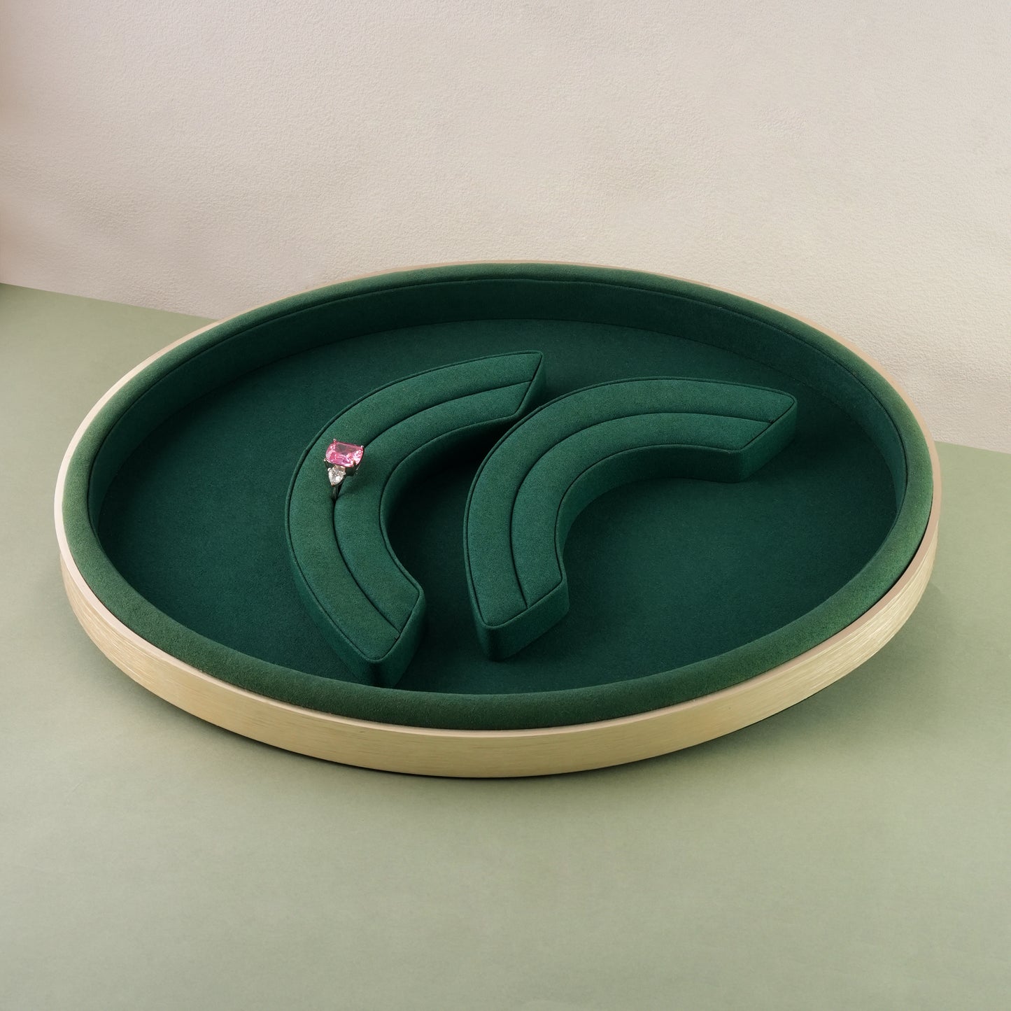 10 pcs FANAI Emerald Velvet Oval Wooden-Rim Large Jewelry Display Tray | Luxury Jade Micro-Velvet Countertop Bracelet Necklace Platter
