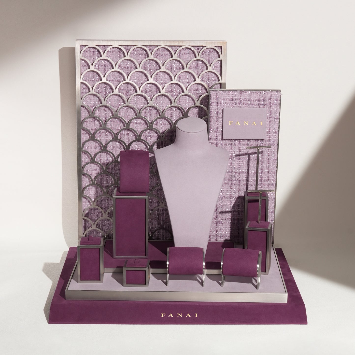 Regal Plum Velvet and Lavender Tweed Jewelry Window Display Prop Set | Luxury Scalloped Silver Lattice Countertop Necklace Bust Showcase Ensemble