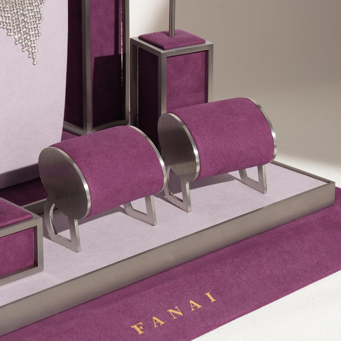 Regal Plum Velvet and Lavender Tweed Jewelry Window Display Prop Set | Luxury Scalloped Silver Lattice Countertop Necklace Bust Showcase Ensemble