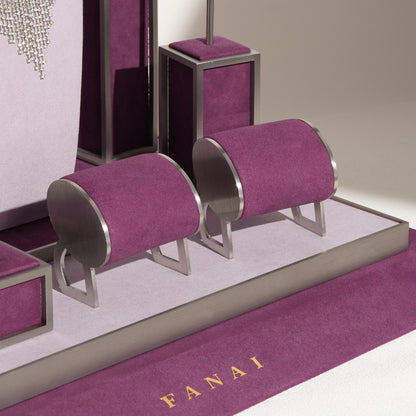 Regal Plum Velvet and Lavender Tweed Jewelry Window Display Prop Set | Luxury Scalloped Silver Lattice Countertop Necklace Bust Showcase Ensemble