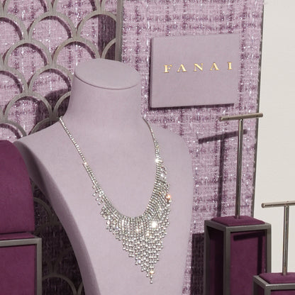 Regal Plum Velvet and Lavender Tweed Jewelry Window Display Prop Set | Luxury Scalloped Silver Lattice Countertop Necklace Bust Showcase Ensemble