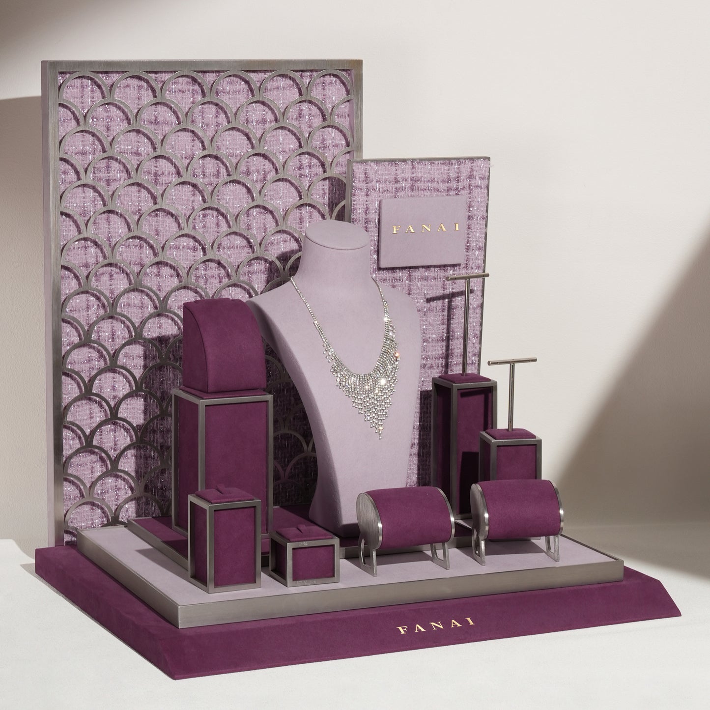 Regal Plum Velvet and Lavender Tweed Jewelry Window Display Prop Set | Luxury Scalloped Silver Lattice Countertop Necklace Bust Showcase Ensemble