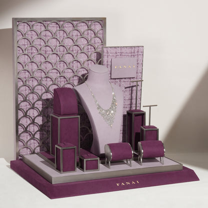Regal Plum Velvet and Lavender Tweed Jewelry Window Display Prop Set | Luxury Scalloped Silver Lattice Countertop Necklace Bust Showcase Ensemble