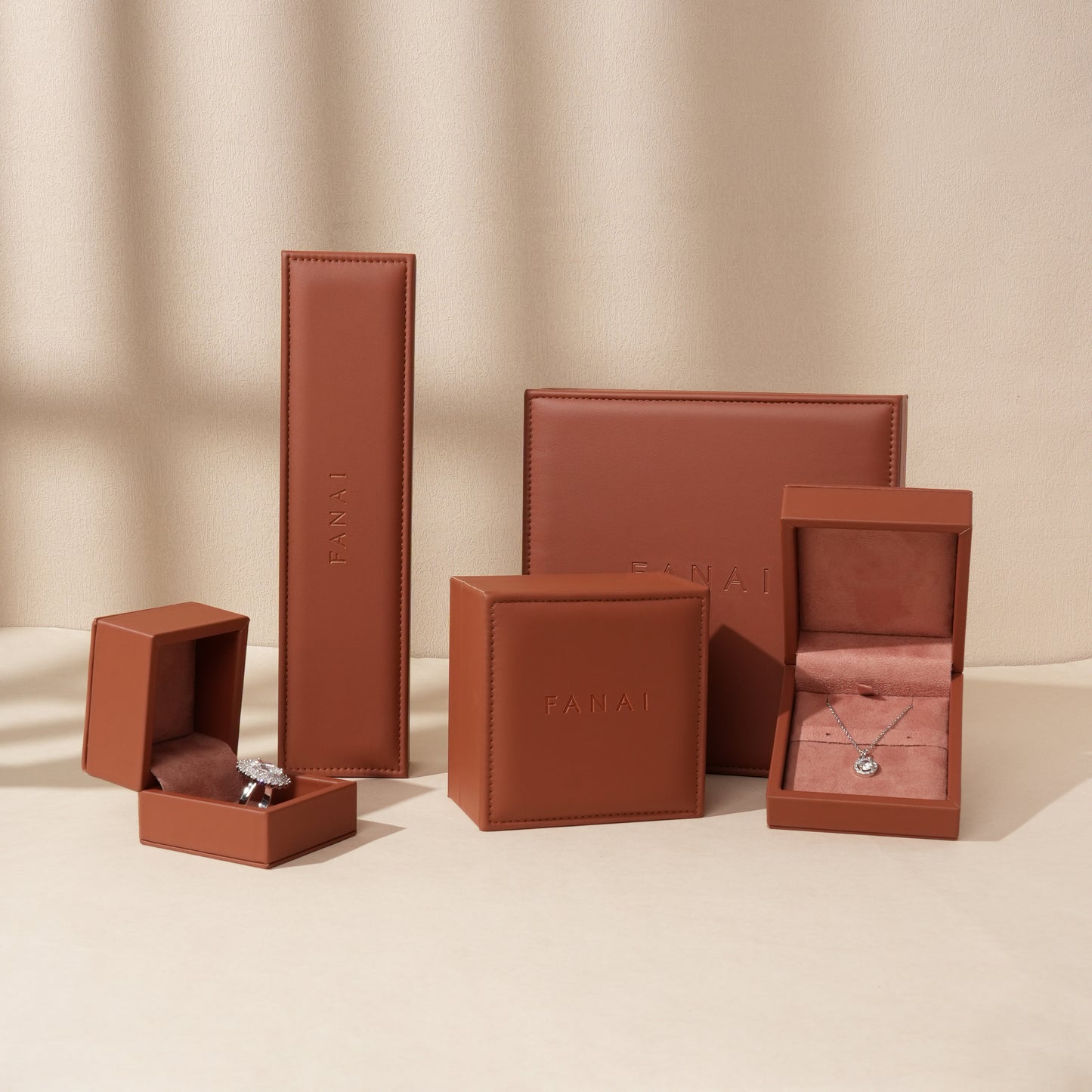 50 pcs FANAI 【The Dune Suite】 Premium Smooth PU Leather Jewelry Box | Minimalist Amber Organizer Cases for Designers