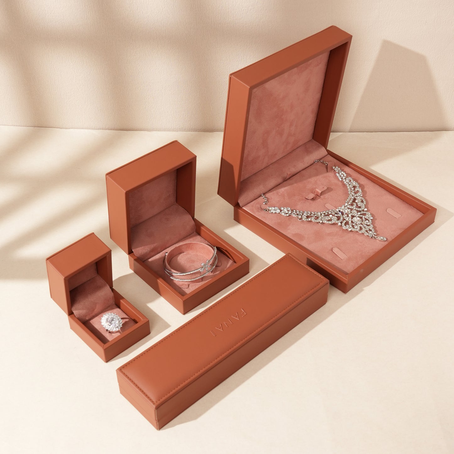 50 pcs FANAI 【The Dune Suite】 Premium Smooth PU Leather Jewelry Box | Minimalist Amber Organizer Cases for Designers