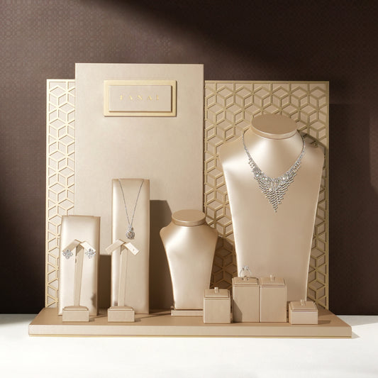 Opulent Champagne PU Window Jewelry Display Prop Set | Luxury Honeycomb Geometric Screen Countertop Necklace Bust Ensemble