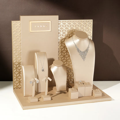 Opulent Champagne PU Window Jewelry Display Prop Set | Luxury Honeycomb Geometric Screen Countertop Necklace Bust Ensemble
