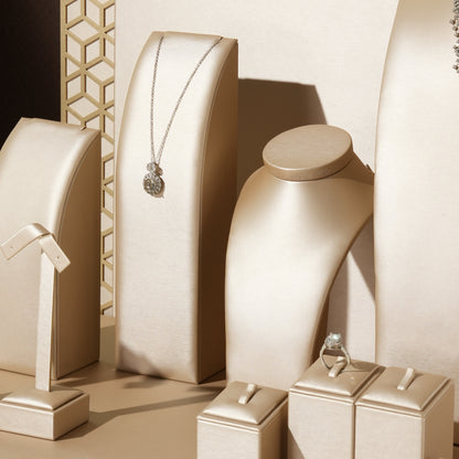 Opulent Champagne PU Window Jewelry Display Prop Set | Luxury Honeycomb Geometric Screen Countertop Necklace Bust Ensemble