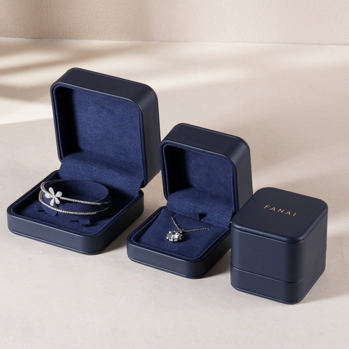 50 pcs FANAI【The Muse Collection】 Luxury Leatherette Jewelry Box - Elegant Dark Blue Ring Necklace Gift Case