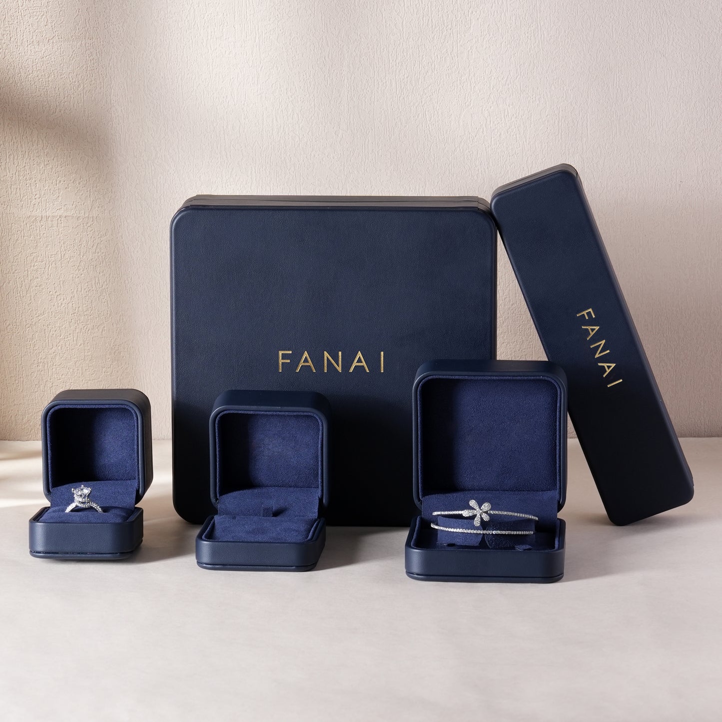 50 pcs FANAI【The Muse Collection】 Luxury Leatherette Jewelry Box - Elegant Dark Blue Ring Necklace Gift Case