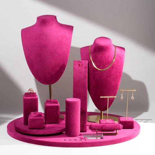Vibrant Fuchsia Magenta Velvet Circular Jewelry Window Display Prop Set | Luxury Bold Countertop Necklace Bust and Ring Pillar Showcase Ensemble