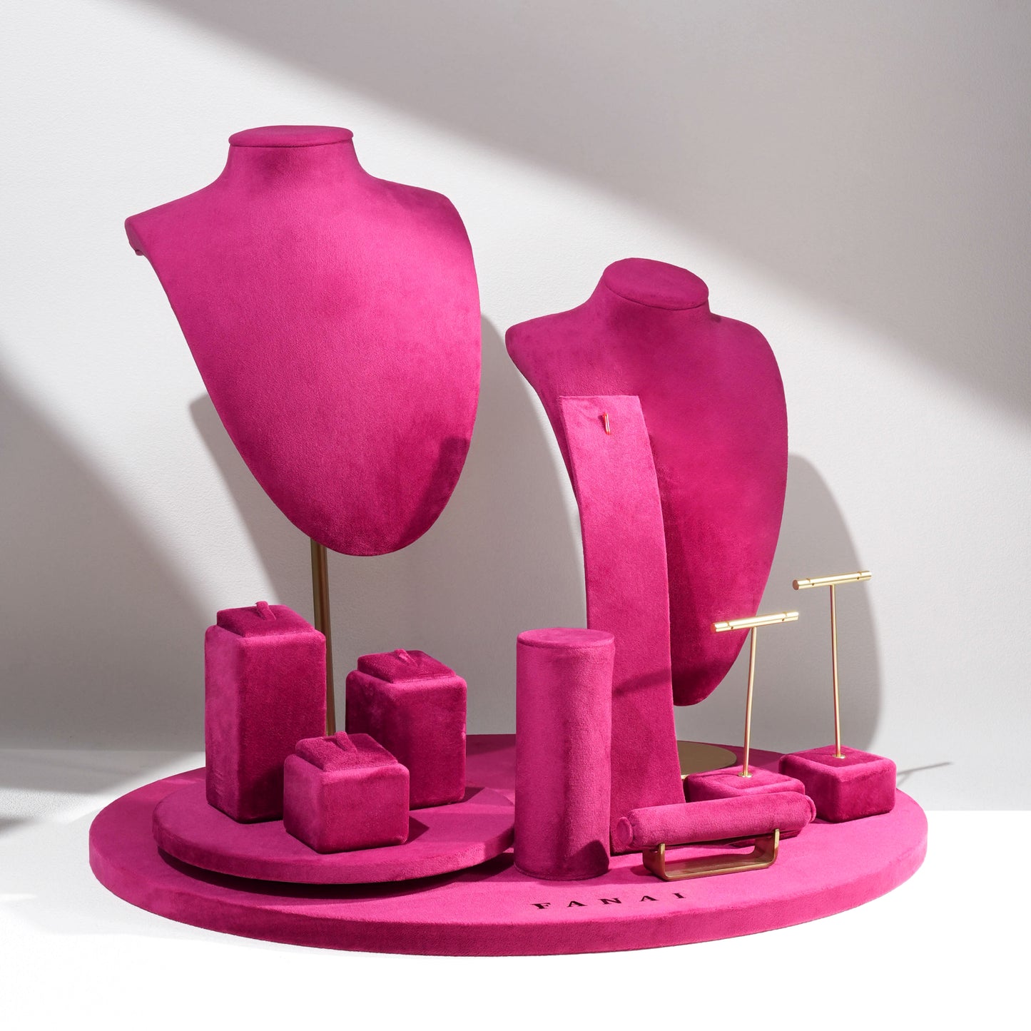 Vibrant Fuchsia Magenta Velvet Circular Jewelry Window Display Prop Set | Luxury Bold Countertop Necklace Bust and Ring Pillar Showcase Ensemble