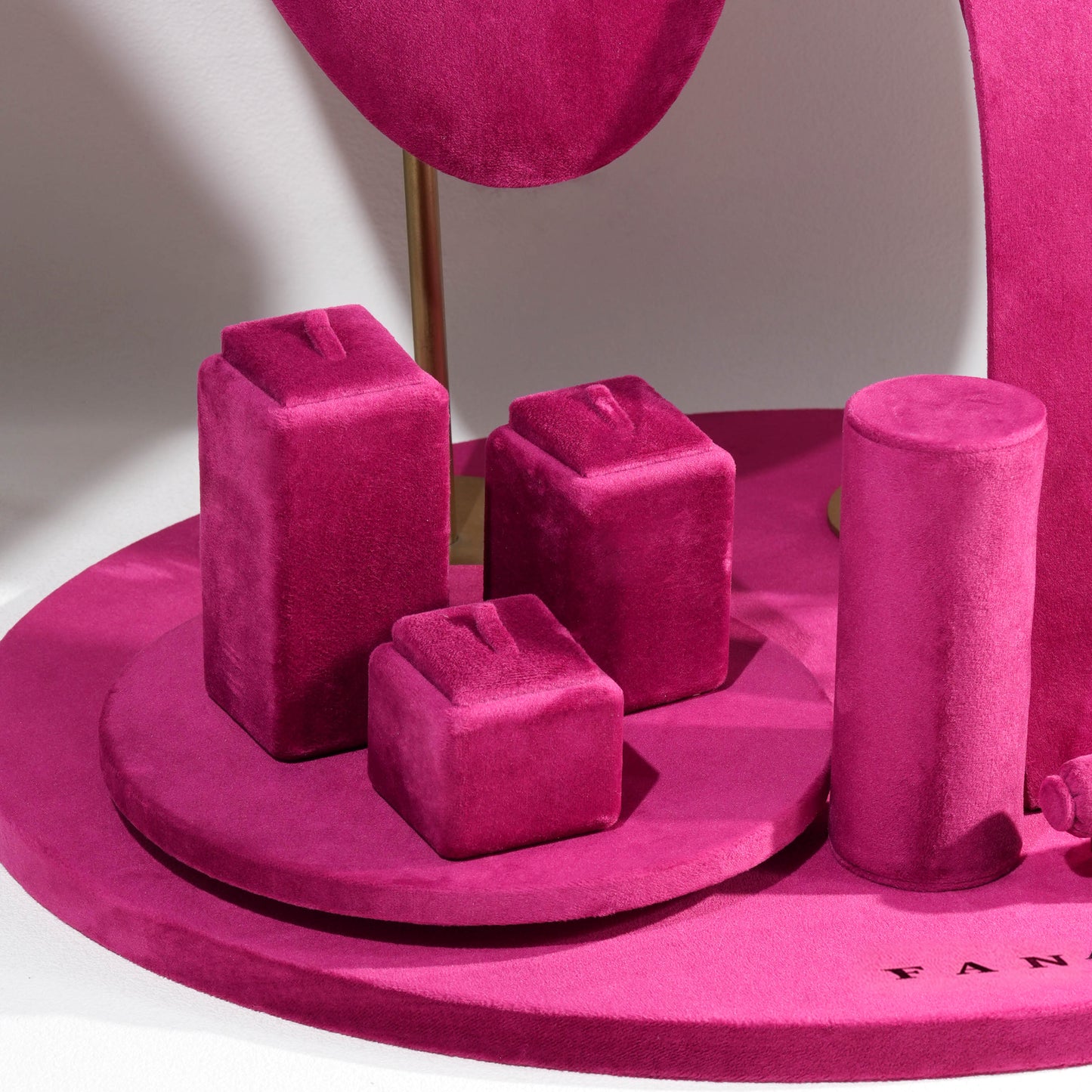Vibrant Fuchsia Magenta Velvet Circular Jewelry Window Display Prop Set | Luxury Bold Countertop Necklace Bust and Ring Pillar Showcase Ensemble