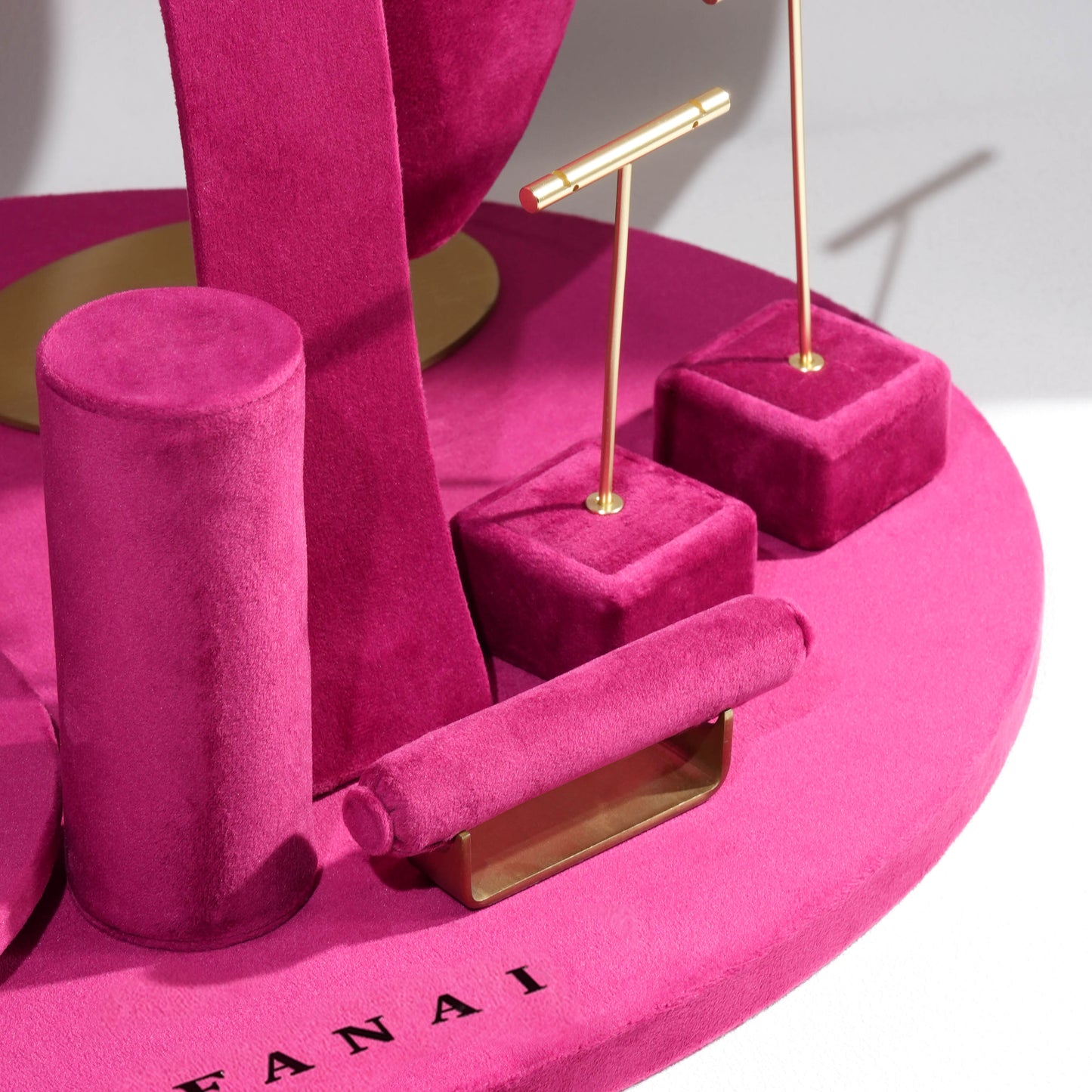 Vibrant Fuchsia Magenta Velvet Circular Jewelry Window Display Prop Set | Luxury Bold Countertop Necklace Bust and Ring Pillar Showcase Ensemble