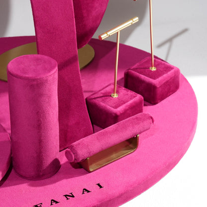 Vibrant Fuchsia Magenta Velvet Circular Jewelry Window Display Prop Set | Luxury Bold Countertop Necklace Bust and Ring Pillar Showcase Ensemble