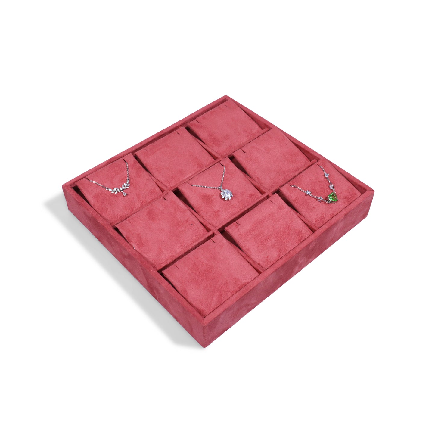 10 pcs FANAI Vintage Crimson Velvet 9-Grid Jewelry Pendant Showcase Tray | Premium Multi-Compartment Slanted Cushion Necklace Chain Organizer