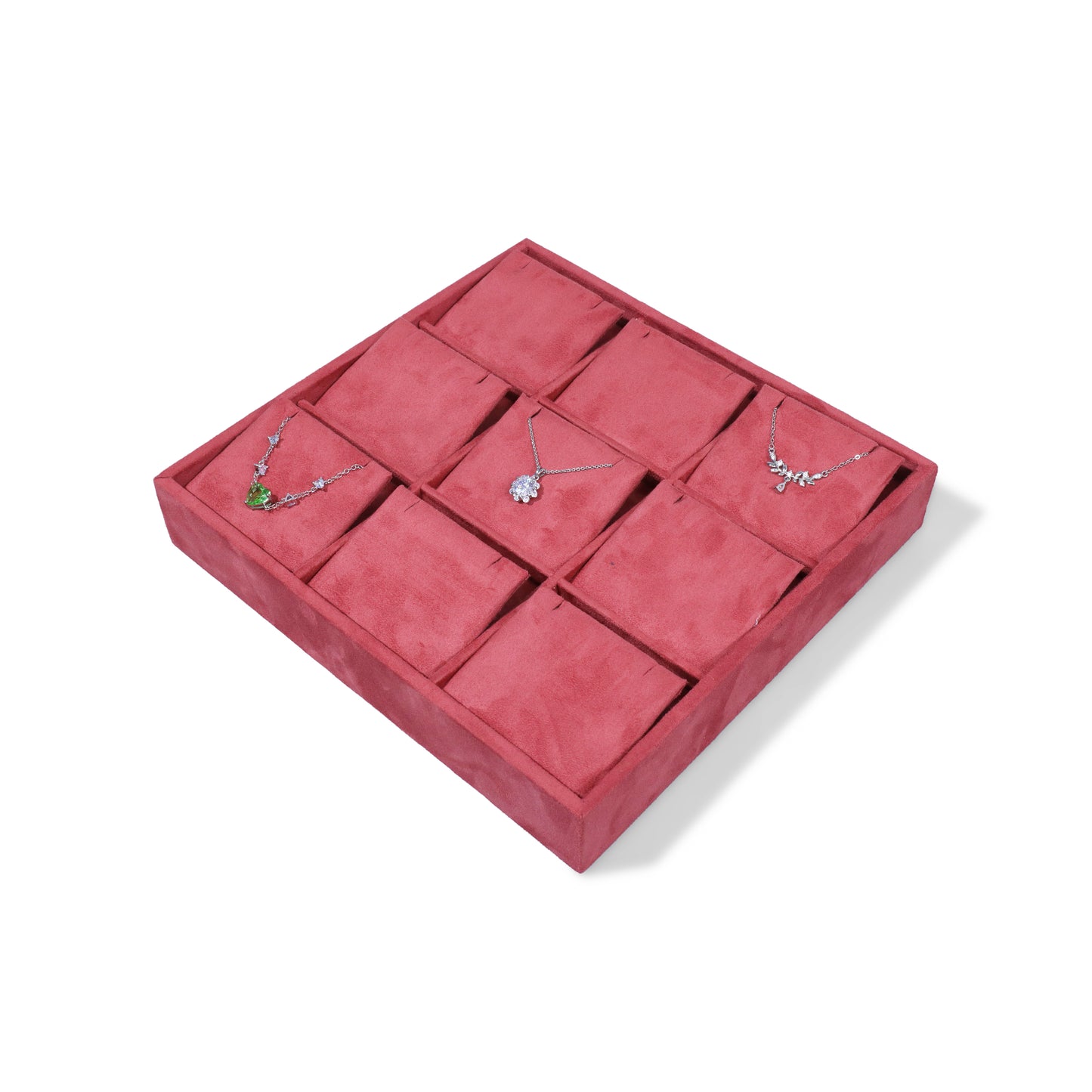 10 pcs FANAI Vintage Crimson Velvet 9-Grid Jewelry Pendant Showcase Tray | Premium Multi-Compartment Slanted Cushion Necklace Chain Organizer
