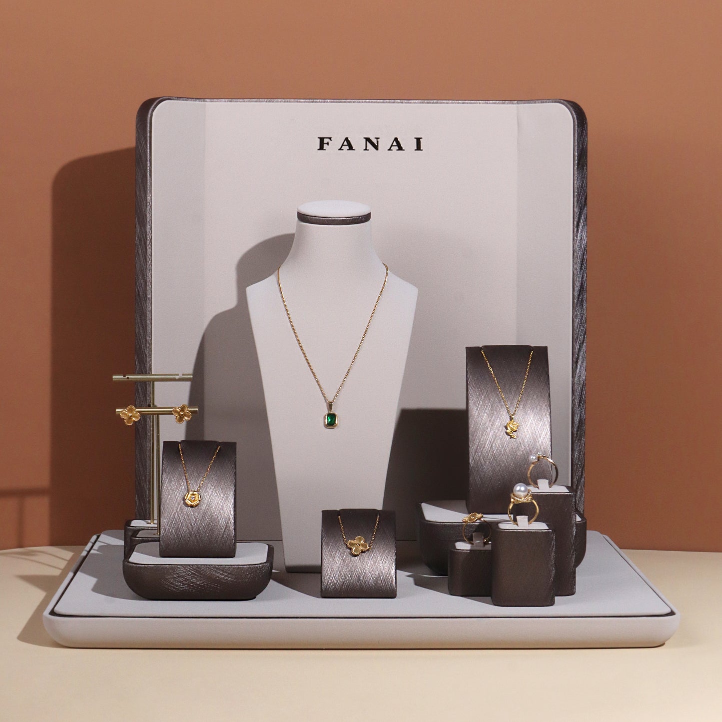 Modern Brushed Charcoal Leatherette Window Jewelry Display Prop Set | Luxury Metallic Bronze Countertop Necklace Bust and Ring Stand Ensemble