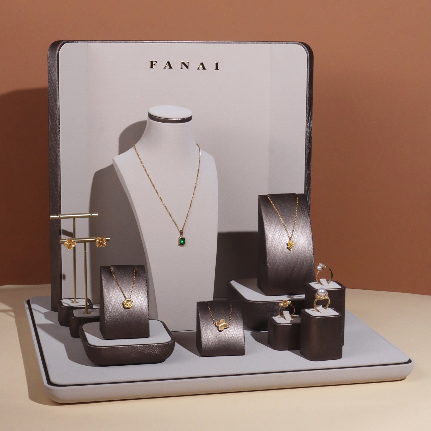 Modern Brushed Charcoal Leatherette Window Jewelry Display Prop Set | Luxury Metallic Bronze Countertop Necklace Bust and Ring Stand Ensemble