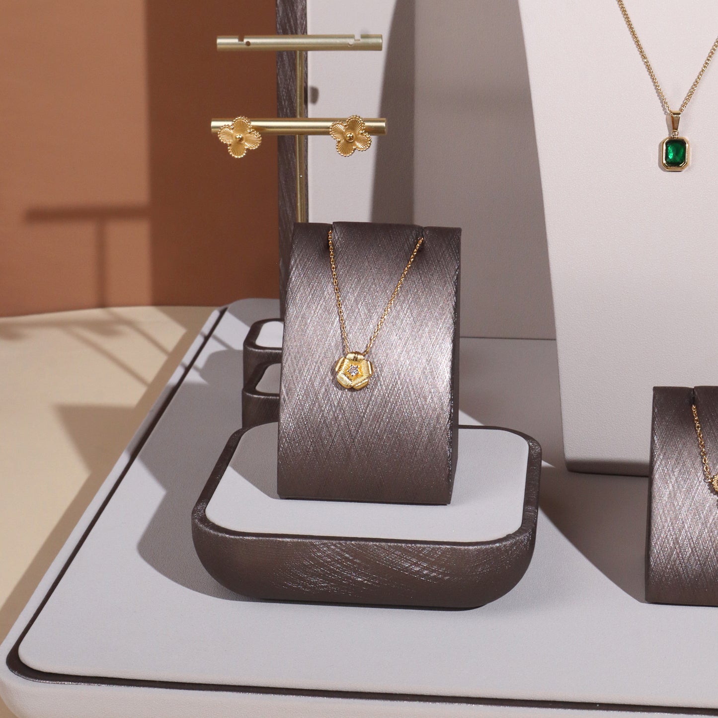 Modern Brushed Charcoal Leatherette Window Jewelry Display Prop Set | Luxury Metallic Bronze Countertop Necklace Bust and Ring Stand Ensemble