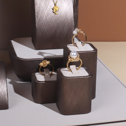 Modern Brushed Charcoal Leatherette Window Jewelry Display Prop Set | Luxury Metallic Bronze Countertop Necklace Bust and Ring Stand Ensemble