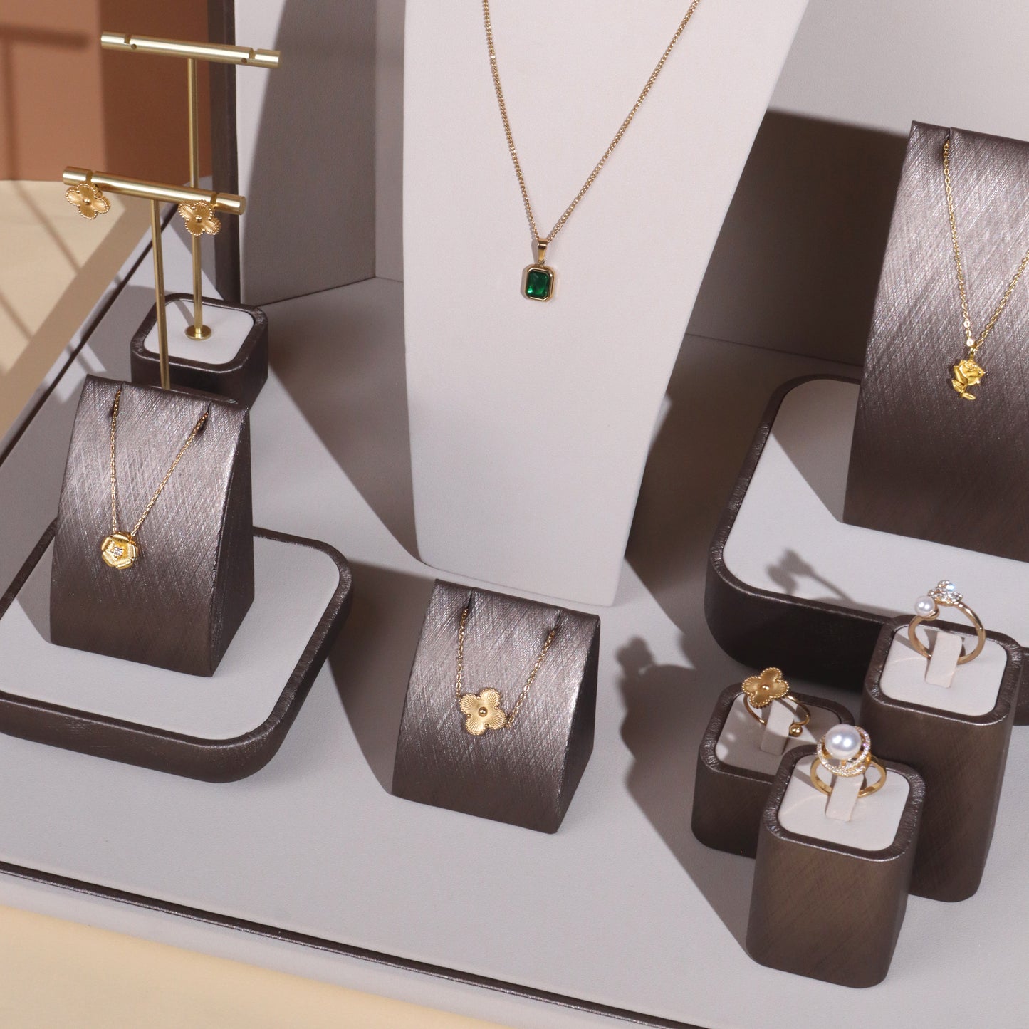 Modern Brushed Charcoal Leatherette Window Jewelry Display Prop Set | Luxury Metallic Bronze Countertop Necklace Bust and Ring Stand Ensemble