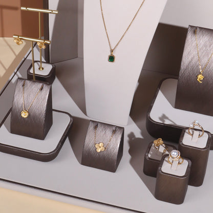 Modern Brushed Charcoal Leatherette Window Jewelry Display Prop Set | Luxury Metallic Bronze Countertop Necklace Bust and Ring Stand Ensemble