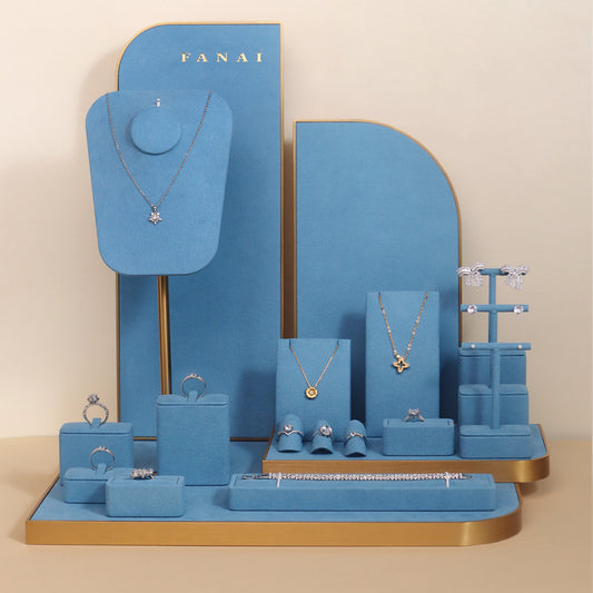 Serene Cerulean Velvet Jewelry Window Display Prop Set | Premium Curved Gold Arch Backdrop Countertop Ring and Necklace Showcase Ensemble