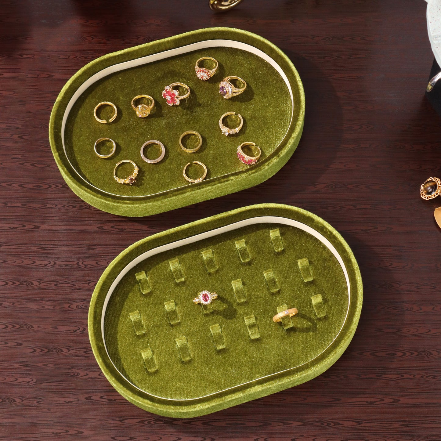 10 pcs FANAI Vintage Moss Green Velvet Oval Stackable Jewelry Tray | Luxury Velvet Ribbed Ring Slots Counter Presentation Display