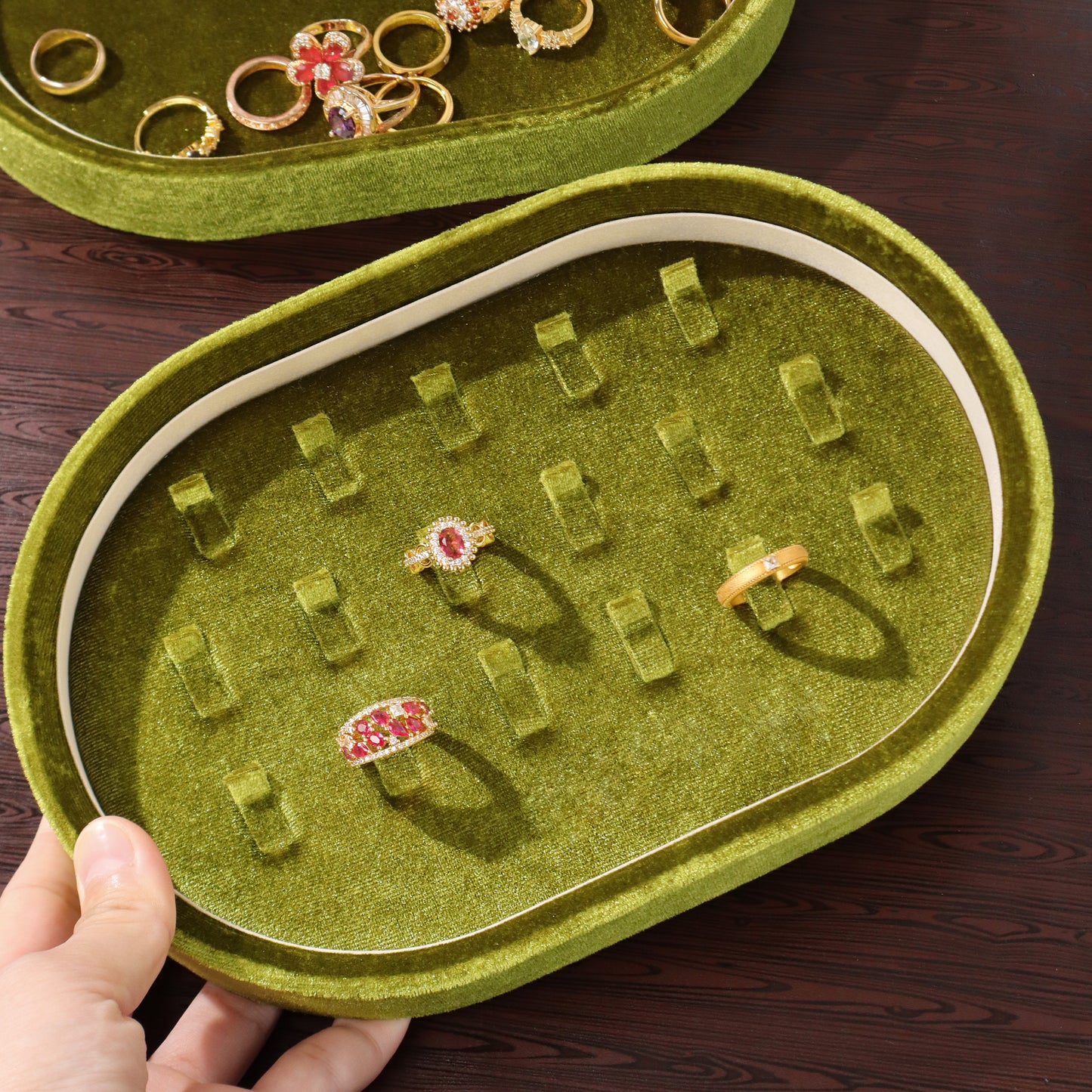 10 pcs FANAI Vintage Moss Green Velvet Oval Stackable Jewelry Tray | Luxury Velvet Ribbed Ring Slots Counter Presentation Display