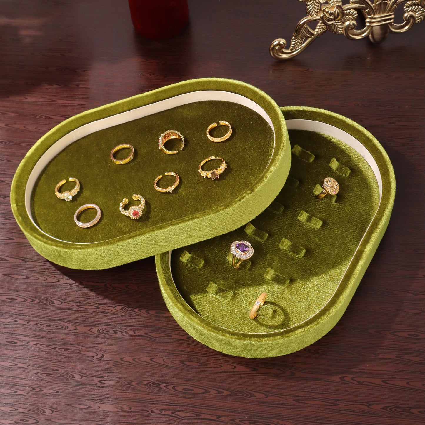 10 pcs FANAI Vintage Moss Green Velvet Oval Stackable Jewelry Tray | Luxury Velvet Ribbed Ring Slots Counter Presentation Display