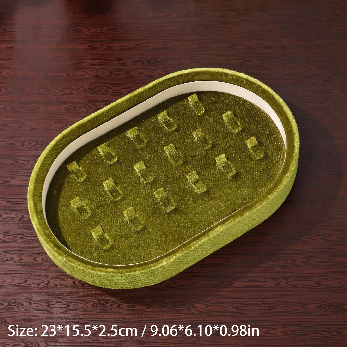 10 pcs FANAI Vintage Moss Green Velvet Oval Stackable Jewelry Tray | Luxury Velvet Ribbed Ring Slots Counter Presentation Display