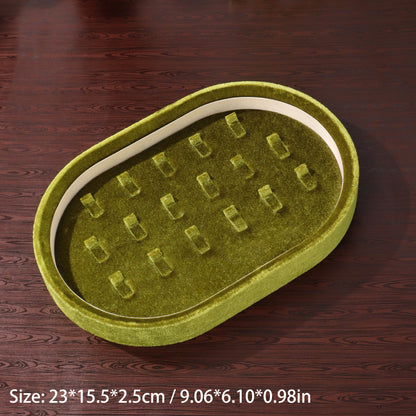 10 pcs FANAI Vintage Moss Green Velvet Oval Stackable Jewelry Tray | Luxury Velvet Ribbed Ring Slots Counter Presentation Display